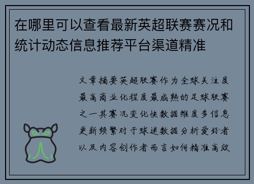 在哪里可以查看最新英超联赛赛况和统计动态信息推荐平台渠道精准 在哪里可以查看最新英超联赛赛况和统计动态信息推荐平台渠道精准