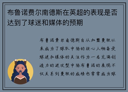 布鲁诺费尔南德斯在英超的表现是否达到了球迷和媒体的预期 布鲁诺费尔南德斯在英超的表现是否达到了球迷和媒体的预期